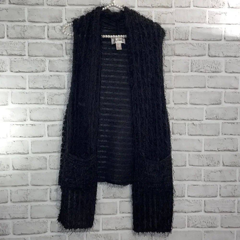 Joseph Ribkoff Eyelash Black Cardigan Vest  Open Front Pockets Size 8